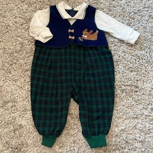 Vintage Good as Gold Plaid Puppy Dog Romper, Size 6/9 Months